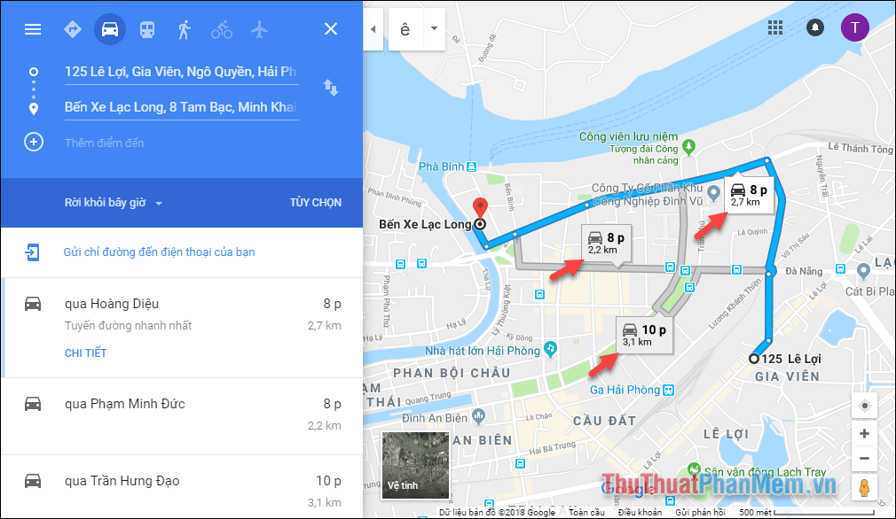 Google Map sẽ đưa ra một số lối đi khác nhau