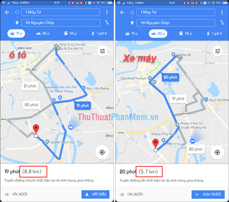 Google Maps gợi ý một số con đường ngắn nhất cho xe máy