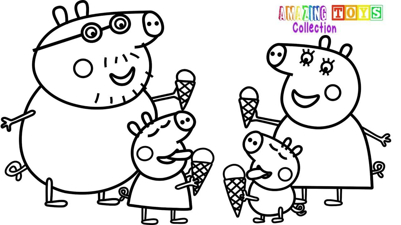 Hình ảnh tô màu heo Peppa cả gia đình heo ăn kem