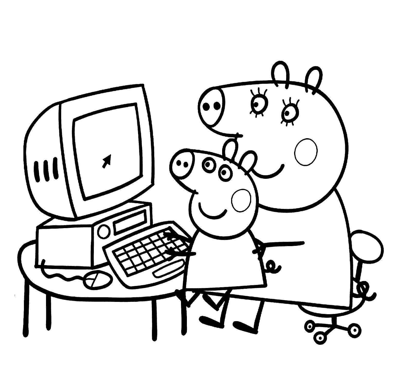Hình ảnh tô màu heo Peppa dạy con chơi máy tính
