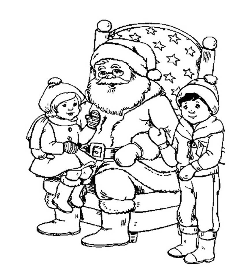 Hình ảnh tranh tô màu ông già Noel bên những đứa trẻ ngoan ngoãn