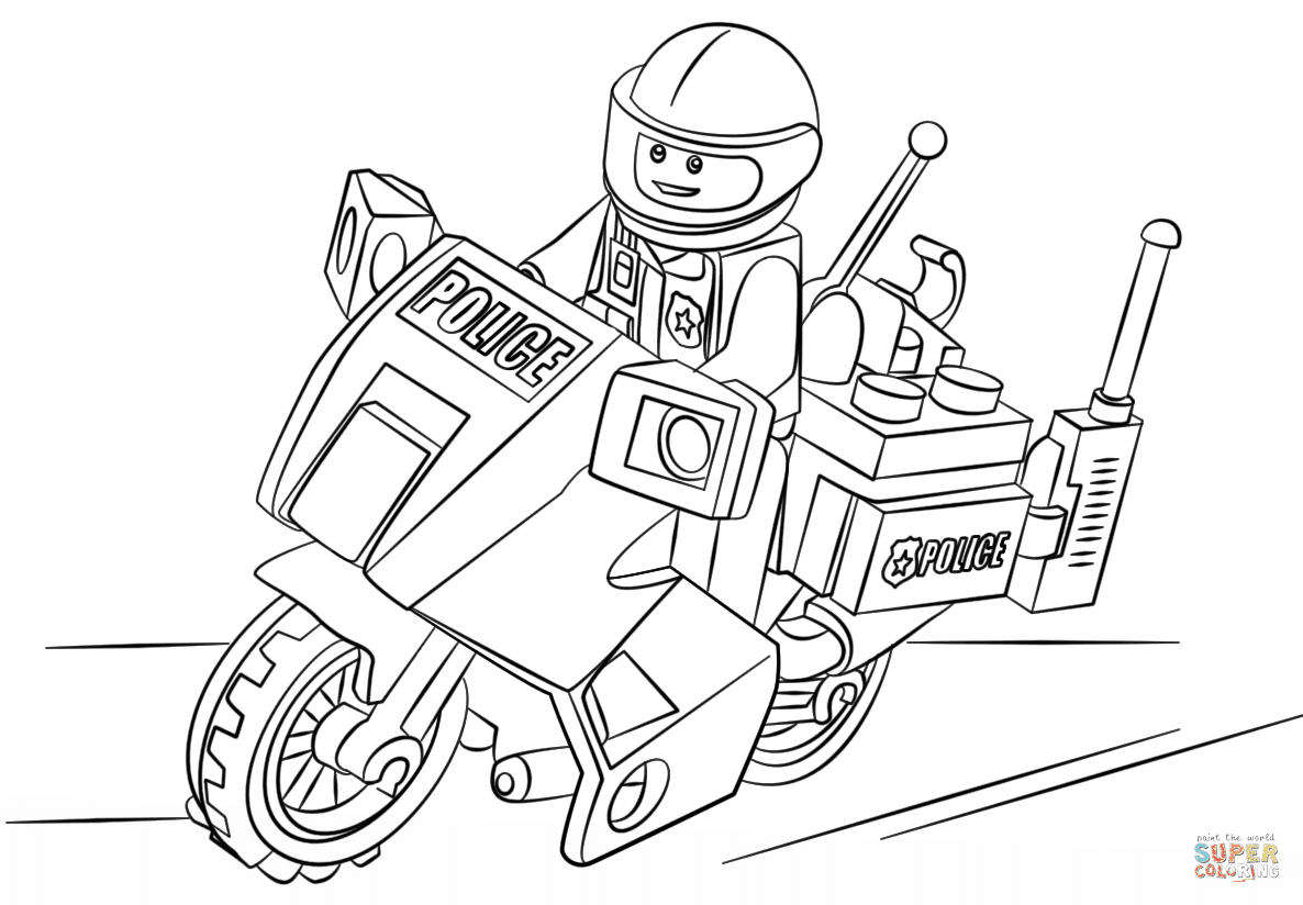 Hình tranh tô màu chú công an ngồi xe máy