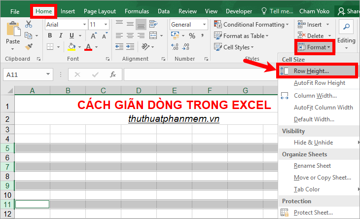 Hoặc chọn Home - Format - Row Height