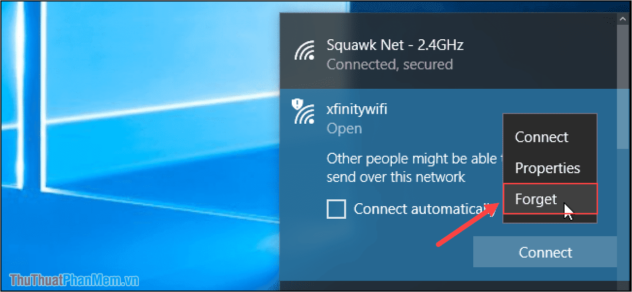 Hủy kết nối mạng Wifi và truy cập lại