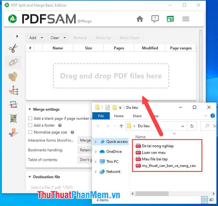 Kéo và thả các file PDF cần ghép nối vào khu vực Drag and drop PDF files here