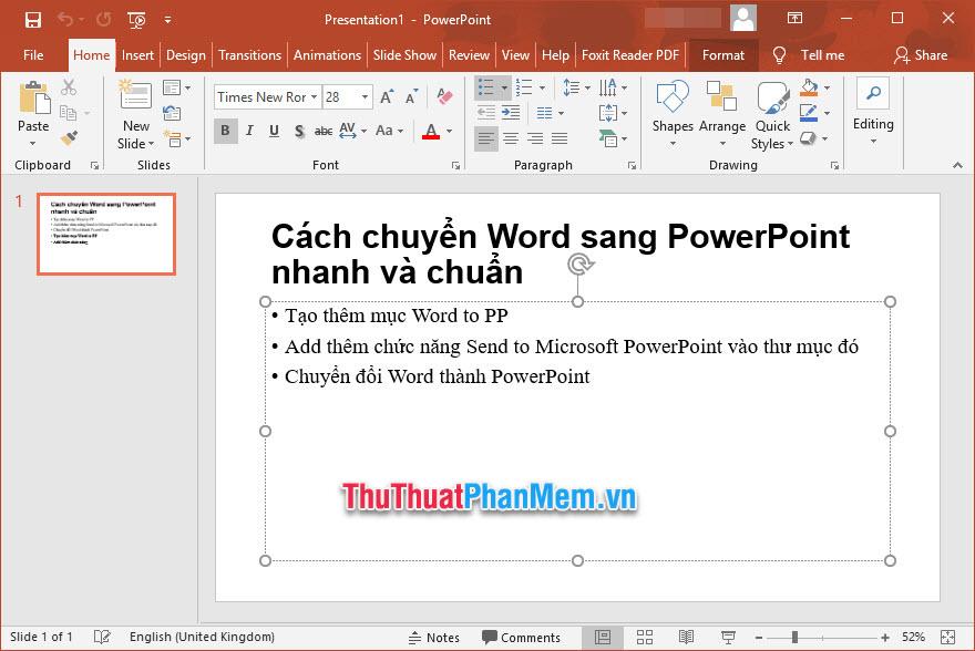 Kết quả các bạn sẽ nhận được file PowerPoint chứa nội dung đã soạn thảo trong văn bản Word