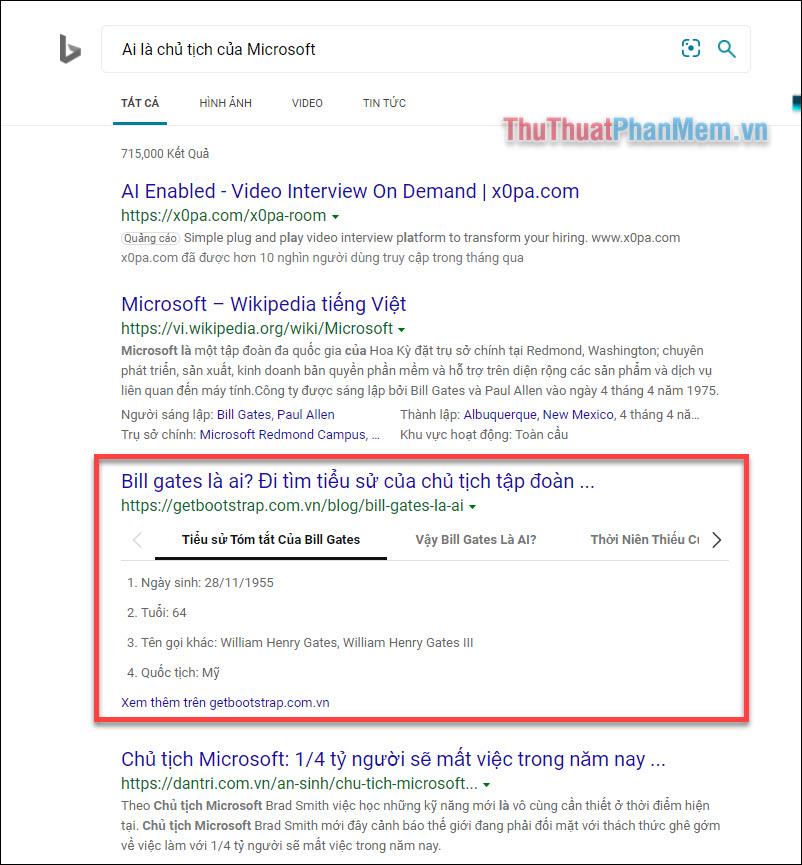 Kết quả tìm kiếm với Bing