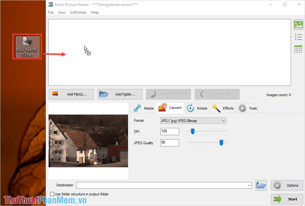 Khởi động phần mềm Batch Picture Resizer và kéo file RAW vào trong phần mềm để mở