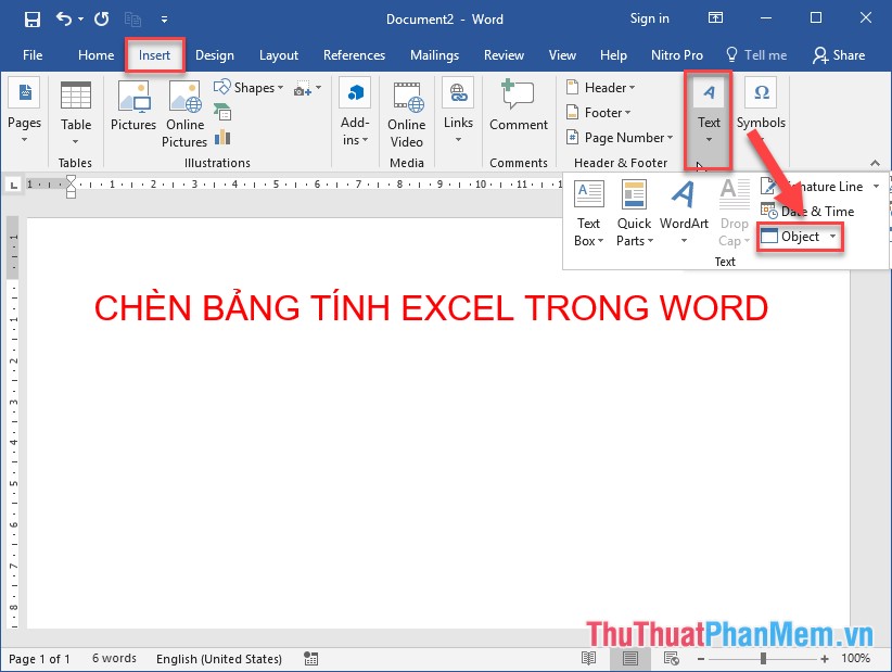 Kích chọn thẻ Insert - Text - Object