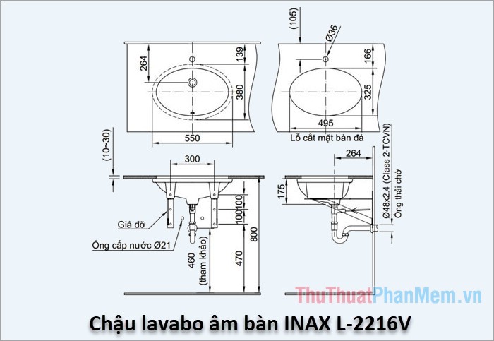 Kích thước Chậu lavabo âm bàn INAX L-2216V