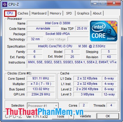 Kiểm tra và hiển thị thông tin CPU