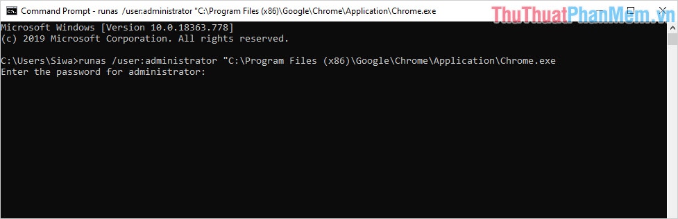 Lệnh mở Chrome với quyền Admin trên CMD