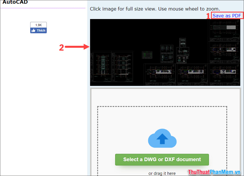 Lựa chọn chuyển file DWG thành file PDF (1) hoặc click chuột vào ảnh (2) để xem