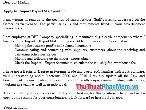 Mẫu đơn xin việc bằng Tiếng Anh cho nhân viên xuất nhập khẩu- Import Export Staff