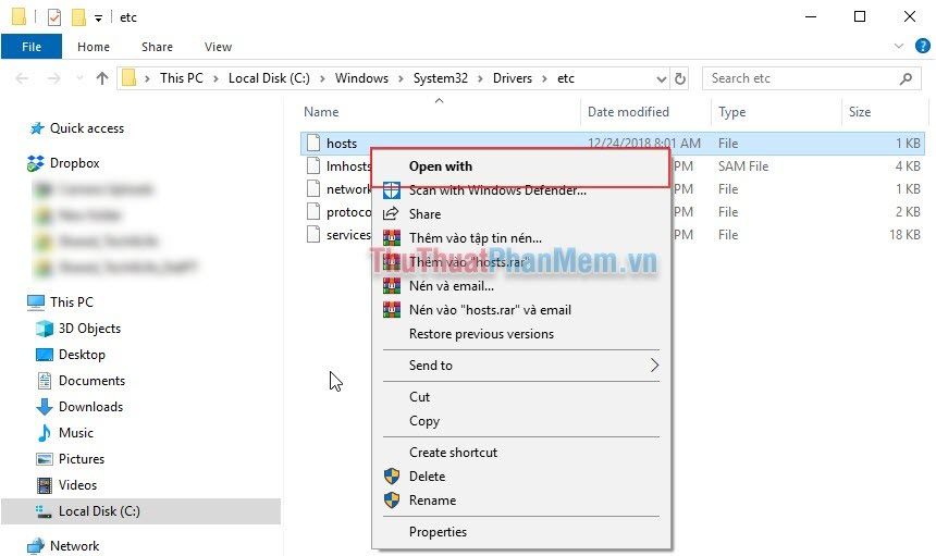 Mở file host bằng cách Open with rồi chọn NotePad