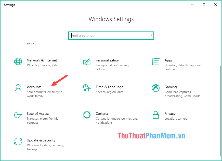 Mở Setting trên Windows 10 và chọn mục Accounts