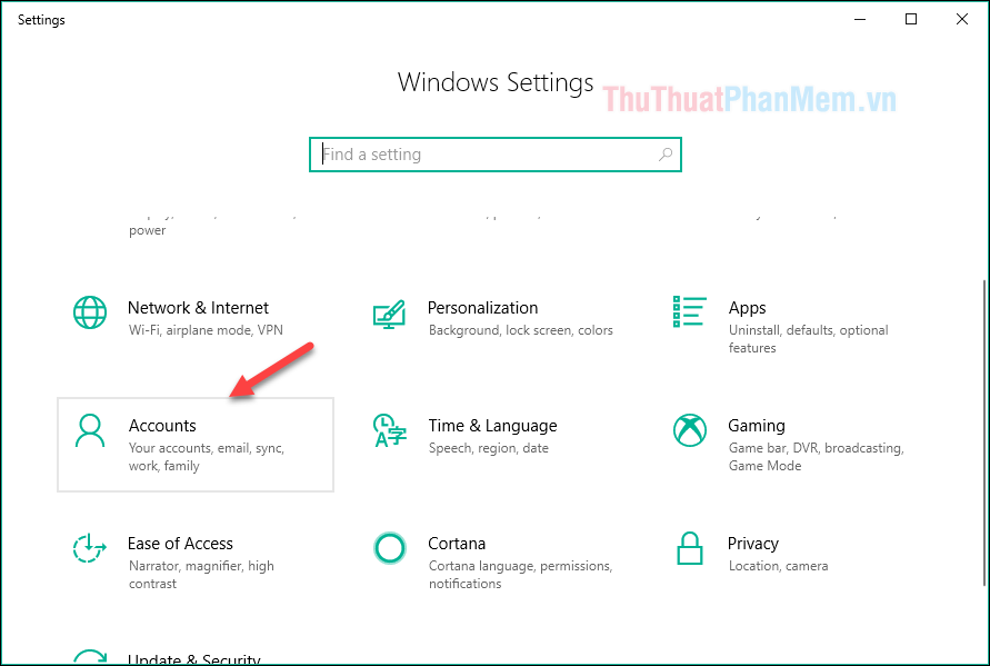 Mở Setting trong Windows 10 và chọn mục Accounts