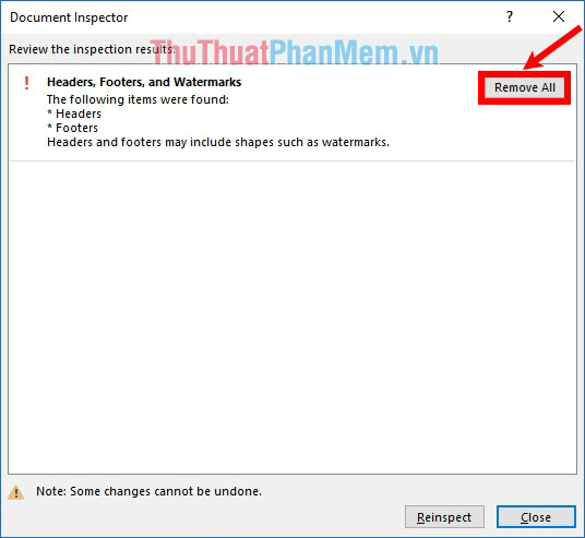 Nhấn chọn Remove All trong phần Headers, Footers, and Watermarks