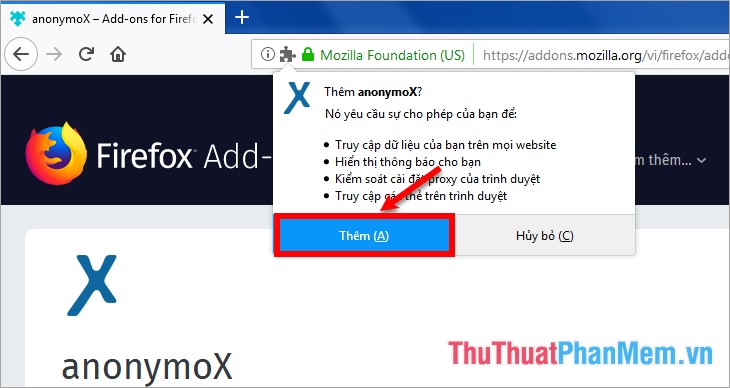 Nhấn chọn Thêm để thêm add-on vào trình duyệt Firefox