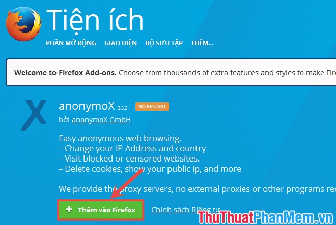 Nhấn chọn Thêm vào Firefox để thêm add-on anonymoX 