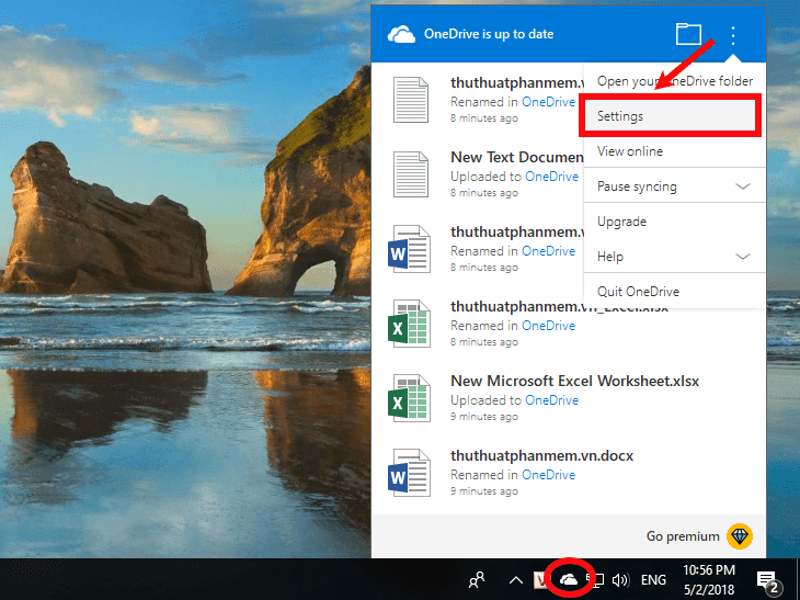 Nhấn chuột phải vào biểu tượng OneDrive - chọn Settings