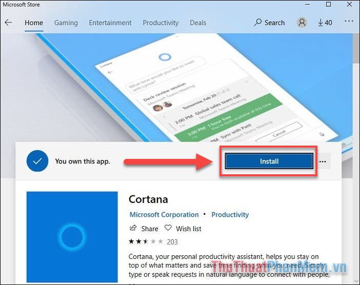 Nhấn Install và Cortana sẽ được cài đặt lại