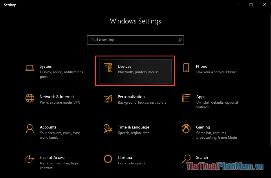 Nhấn tổ hợp Windows + I để mở cài đặt, chọn Devices