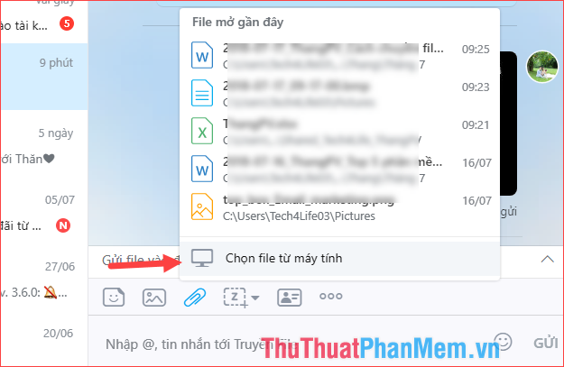 Nhấn vào biểu tượng hình chiếc Ghim để gửi file - sau đó nhấn Chọn file từ máy tính
