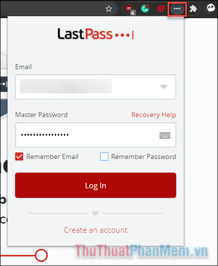 Nhấn vào biểu tượng LassPass trên thanh công cụ và tiến hành đăng nhập tài khoản vừa tạo