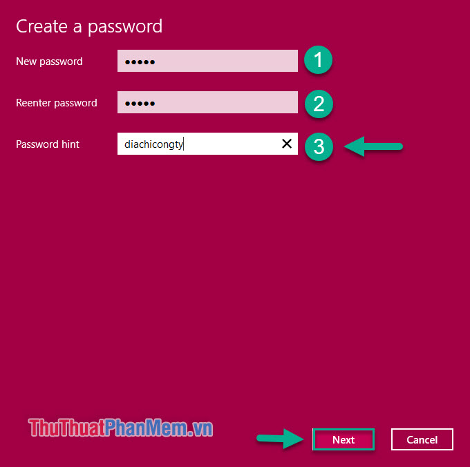 Nhập mật khẩu muốn cài đặt (1), nhập lại mật khẩu (2), nhập Password hint (3)