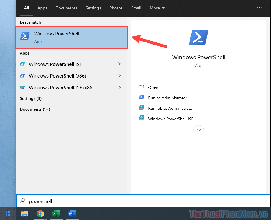 Nhập PowerShell để mở trình PowerShell trên Windows 10