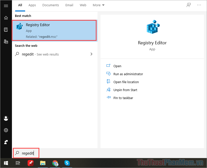 Nhập Regedit để mở ứng dụng Registry Editor trên Windows 10