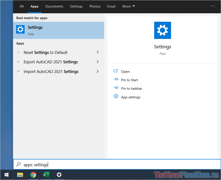 Nhập Settings để mở cài đặt trên Windows 10