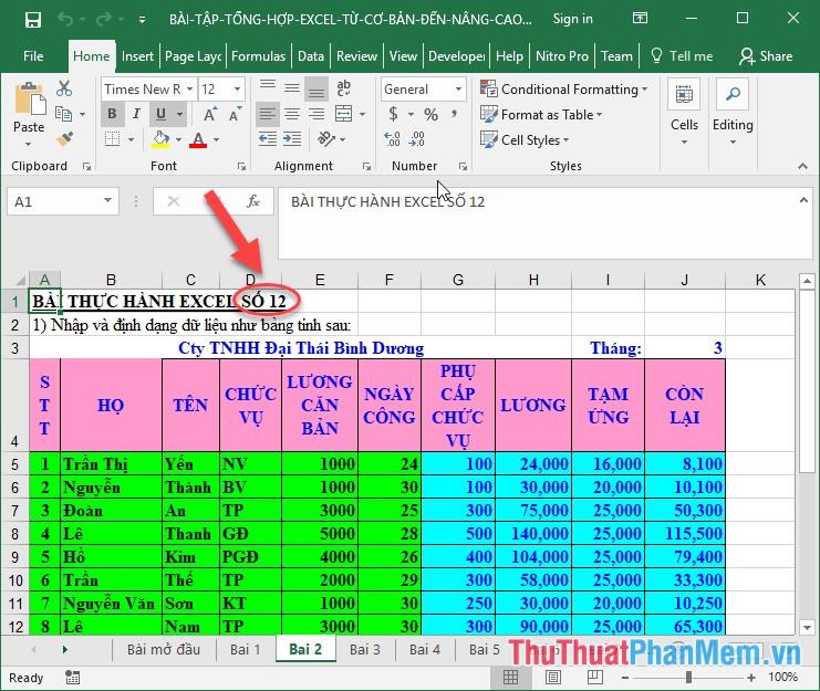 Nội dung bảng tính trong Excel