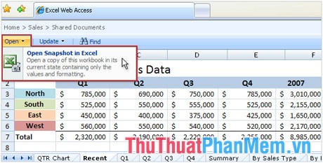 Sử dụng tính năng Open Snapshot của Excel Services