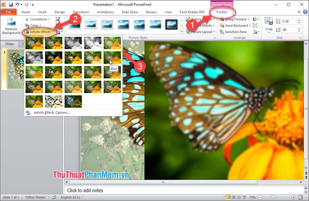 Sử dụng tùy chọn Blur trong menu Format - Artistic Effects - Blur effect
