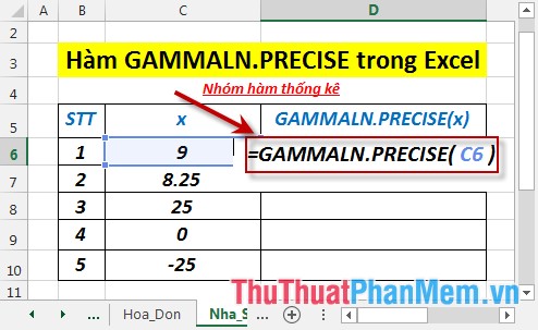 Tại ô cần tính nhập công thức =GAMMALN.PRECISE(C6)