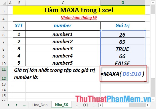 Tại ô cần tính nhập công thức =MAXA(D6:D10)