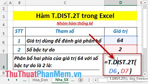 Tại ô cần tính nhập công thức =T.DIST.2T(D6,D7)