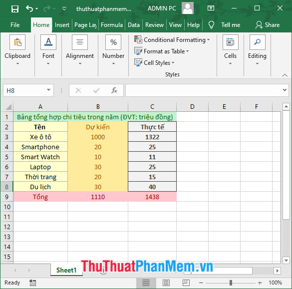 Tạo bảng bất kì trong Excel
