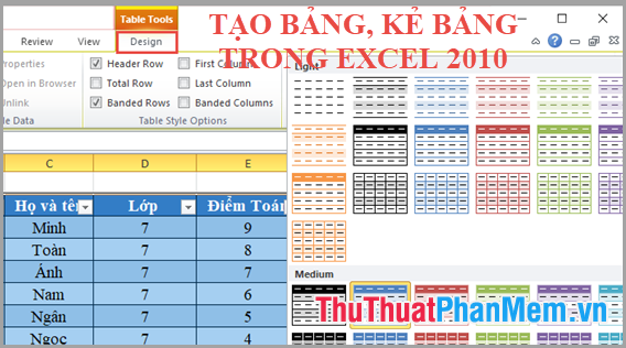 Tạo bảng kẻ bảng trong Excel 2010
