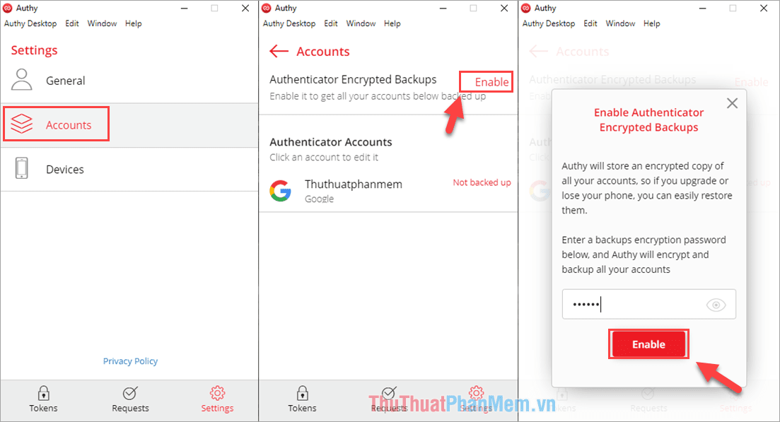 Thẻ Account sẽ cho phép các bạn bật tính năng Backup (sao lưu) dữ liệu trực tiếp trên tài khoản nhanh chóng