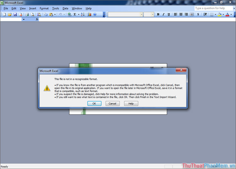 Thông báo lỗi khi mở file .xlxs bằng Microsoft Excel 2003