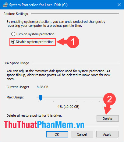 Tích chọn Disable system protection