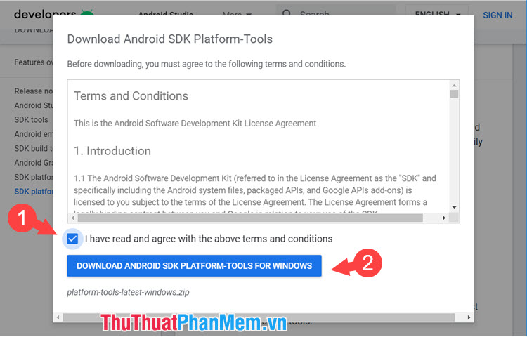 Tích chọn mục I have read and agree with the above terms and conditions và click Download Android SDK PlatForm-Tools For Windows