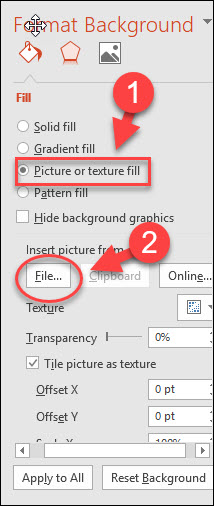 Tích chọn Picture or texture fill, trong File - chọn một ảnh để chèn vào slide