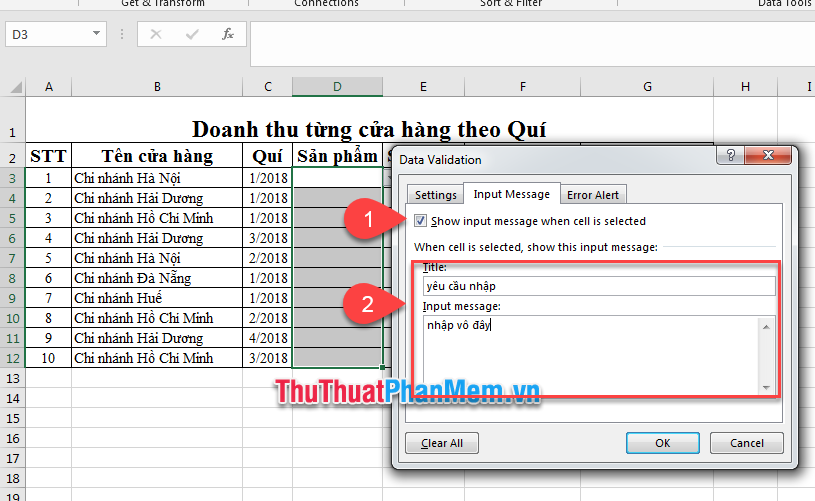 Tích chọn Show input messeger when cell is selected