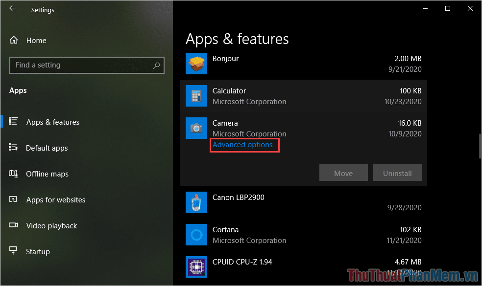 Tìm đến mục Camera trong số các ứng dụng của Windows 10 và chọn Advanced options để chỉnh sửa