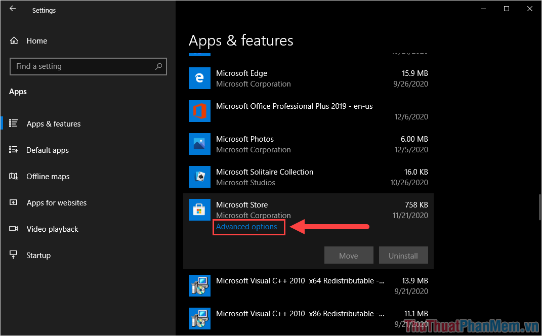 Tìm đến mục Microsoft Store và chọn Advanced options để mở thiết lập