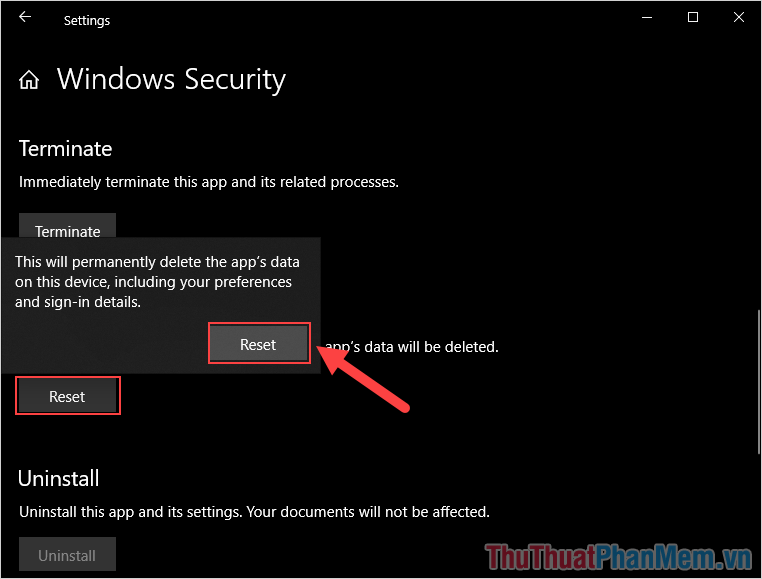 Tìm mục Reset và xác nhận Reset để hệ thống tự động kích hoạt khôi phục Windows Security